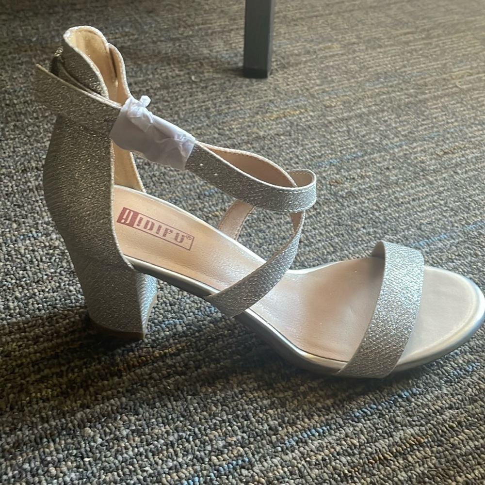 Silver chunky open toe heel